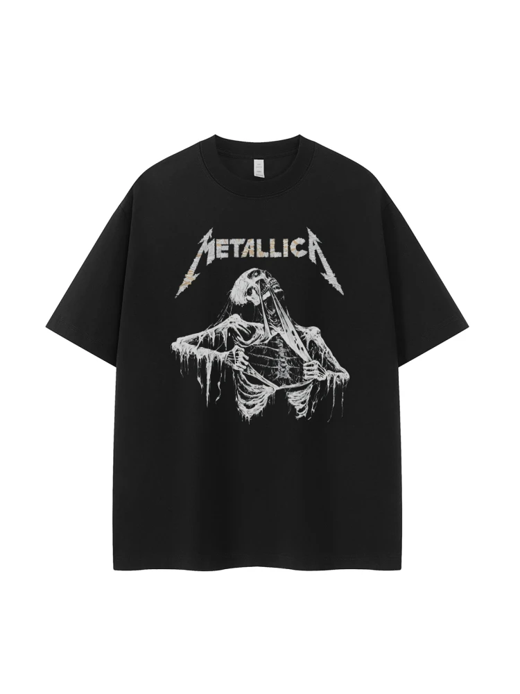 Retro American Street Dark Skeleton Design Rock Music Metal Band Short Sleeve T-Shirt Urban Fashion Breathable Cotton Casual Top
