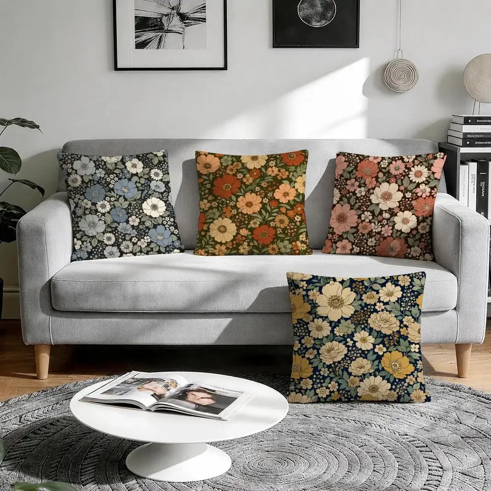 Boho Dark Floral Earth-Tone Cushion Cover Natural Breathable Durable Linen Printed Decor Pillow Case Sofa Bedroom