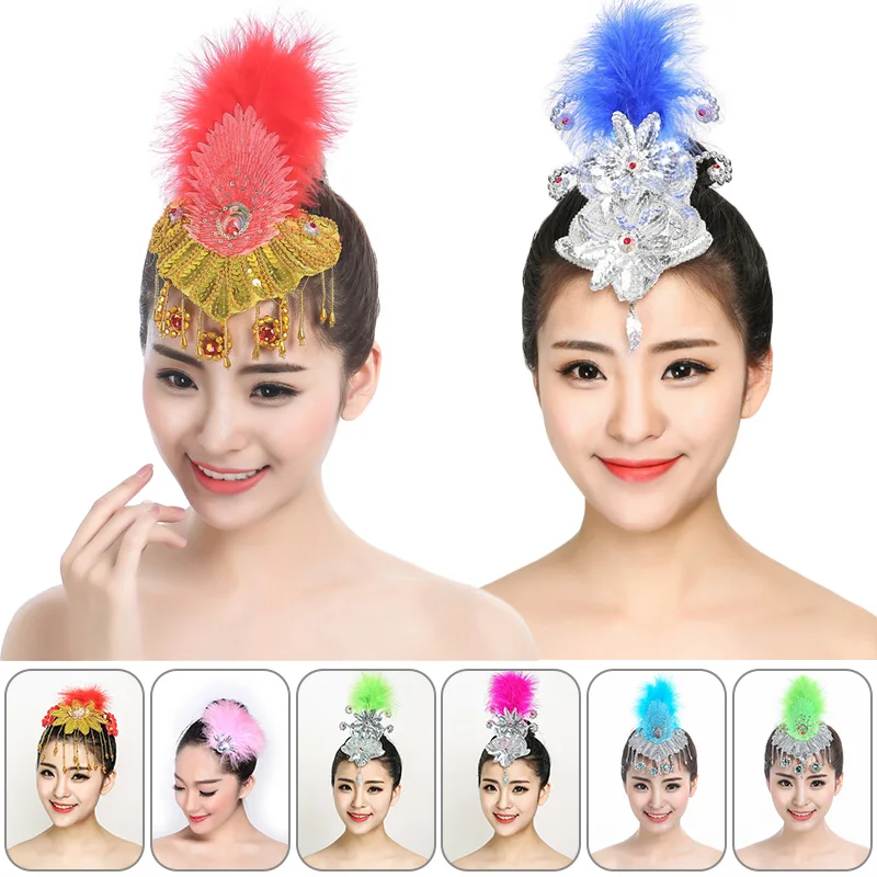 Women Classical Modern Dance Headdress Stage Performance Kids Hair Accessories Tiara Feather Headpiece Classical Head Flower