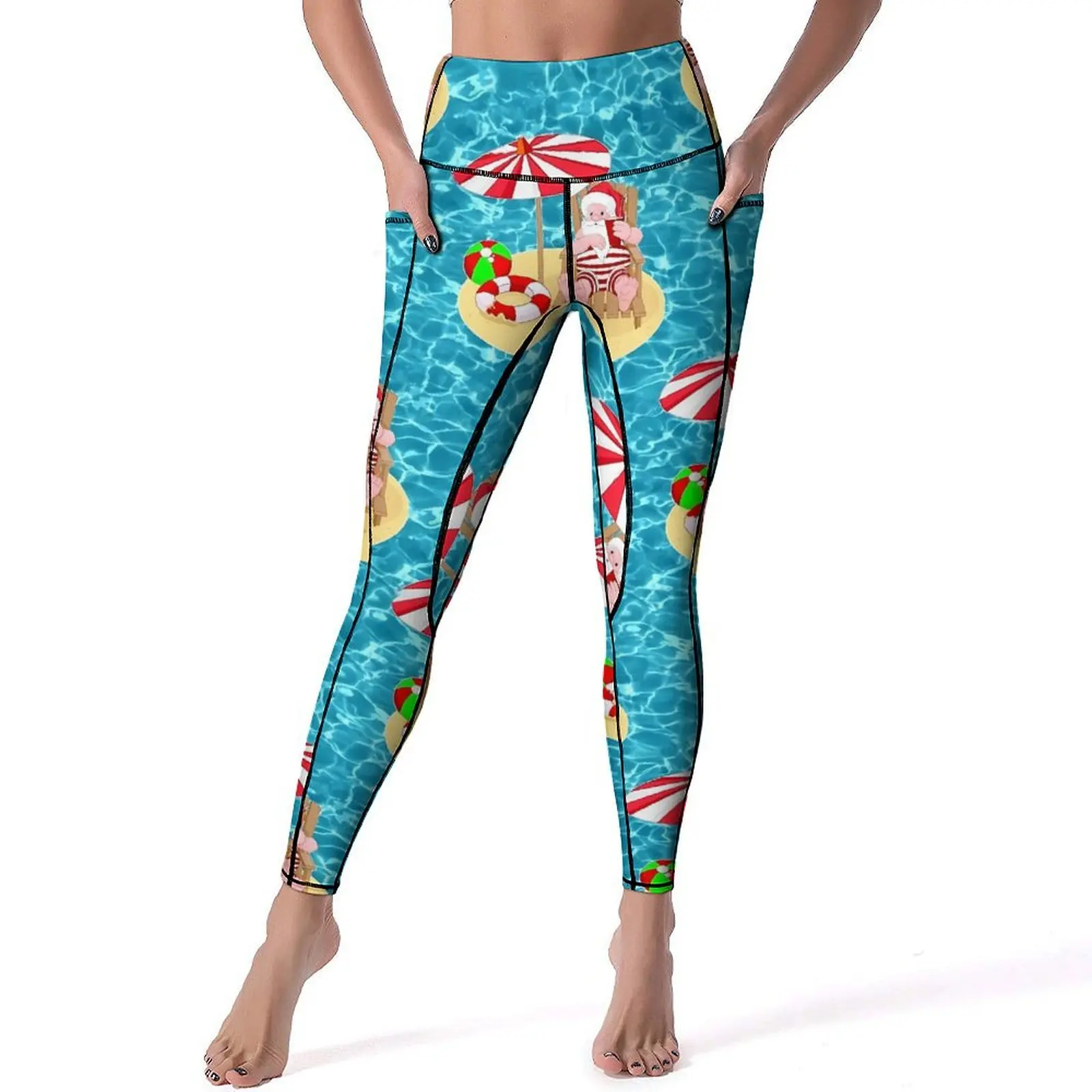 Christmas Leggings Xmas Beach Santa Claus Workout Gym Yoga Pants High Waist Kawaii Sports Tights Stretch Printed Yoga Legging