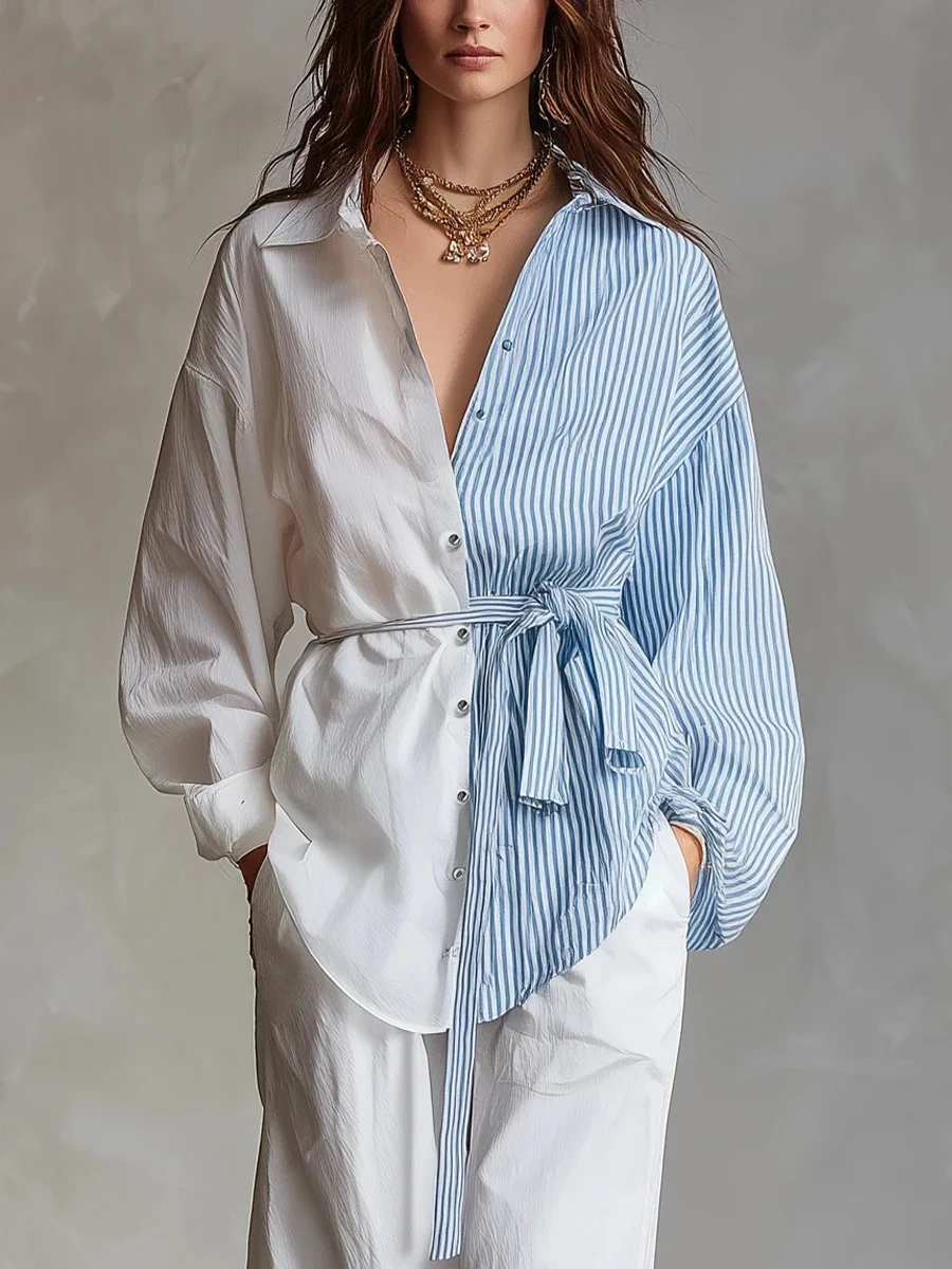 2026 Stylish Lapel Button Spliced Striped Shirts Vintage Long Sleeve Blusas Women Asymmetrical Blouse Female Casual Chemise