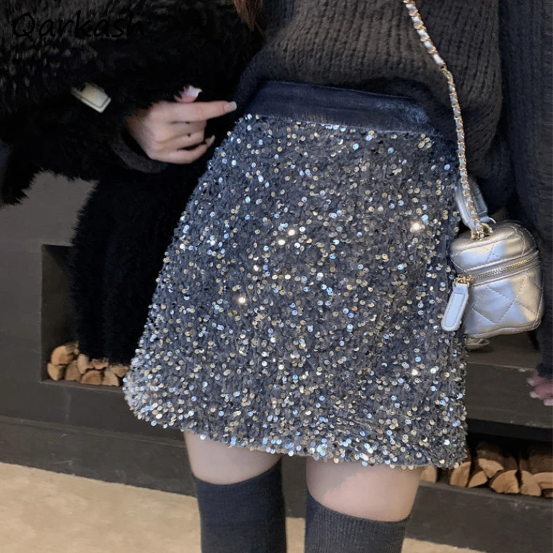 

Korean Mini Skirts for Women Bling Sequin Sexy High Waist Fashion Nightclub Skirt Autumn Winter Female Sweet Chic A-line Faldas