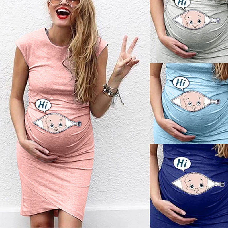 

Summer Maternity Cartoon Funny Dress Striped Print Sleeveless Pregnant Clothes футболка женский Maternity Dress