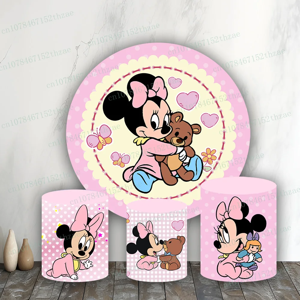 

Minnie Birthday Party Photo Background Round&Cylinders Plinth Covers Photo Background Baby Shower Photography Backdrop ﻿