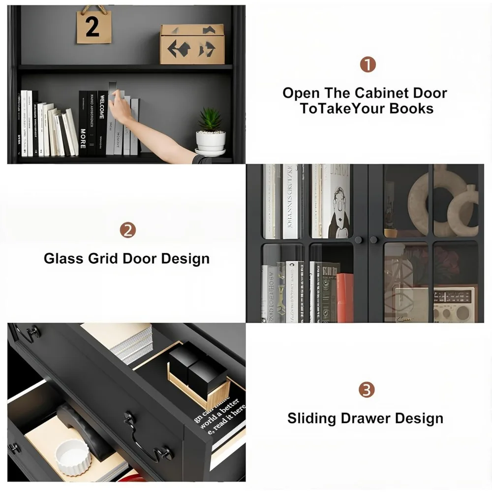 Estante alta elegante de 4 prateleiras com portas de vidro e gavetas de armazenamento para organização de grande capacidade