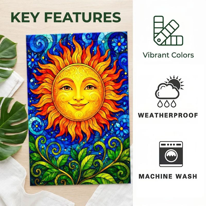 1pc Stained Glass Style Celestial Sun Garden Flag Vibrant Weatherproof Machine Washable Outdoor Yard Decor