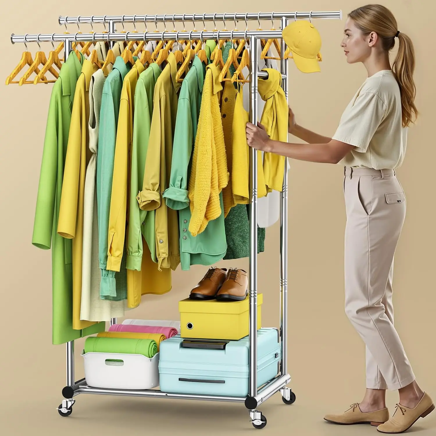 

100% Stainless Steel Double Rods Clothes Rack, Heavy Duty Clothing Rack for Hanging Clothes with Sturdy Wheels & Shelves, Por