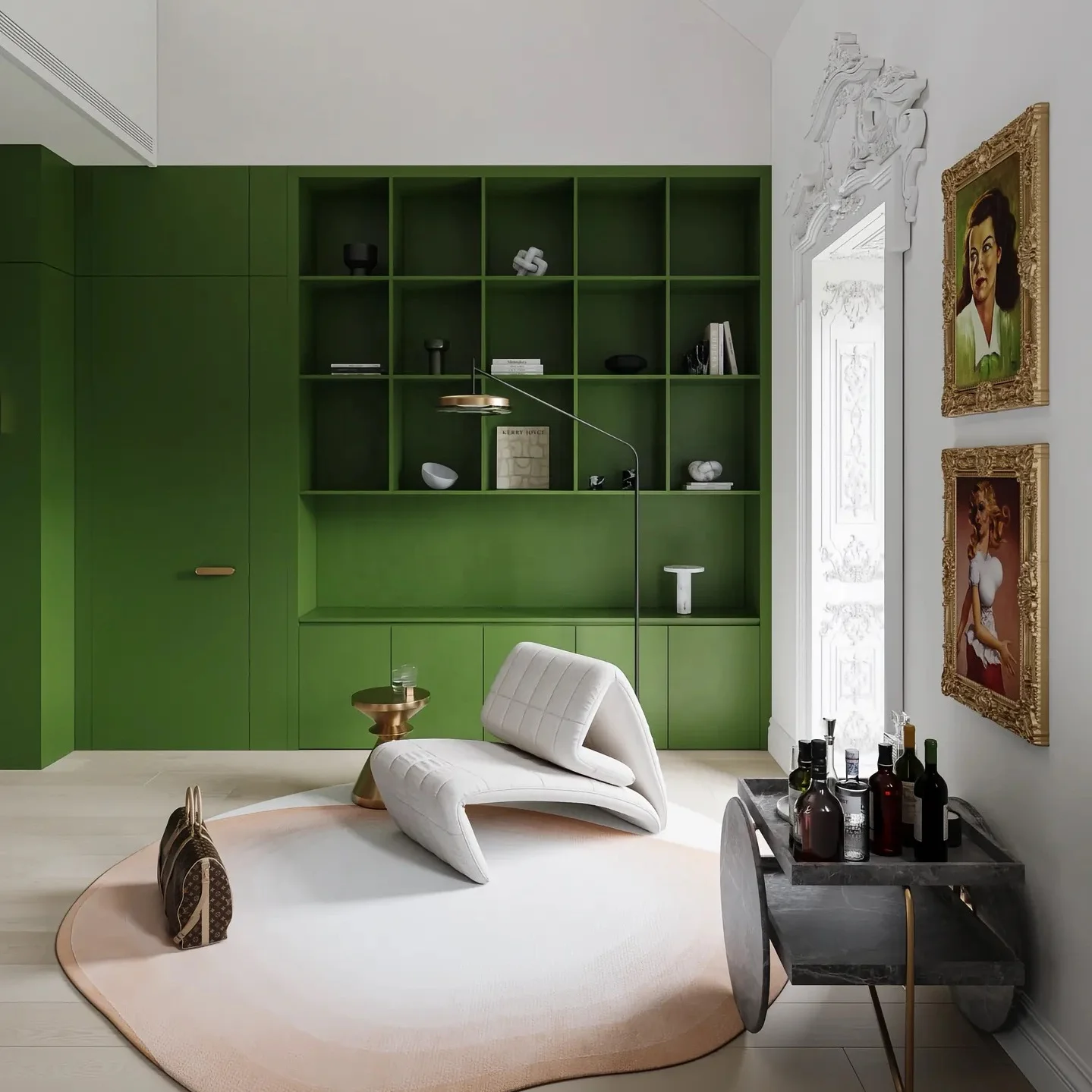 

Постмодернистский зеленый деревянный открытый книжный шкаф, декоративный шкаф для гостиной, 10-ярусные полки, экологичность.