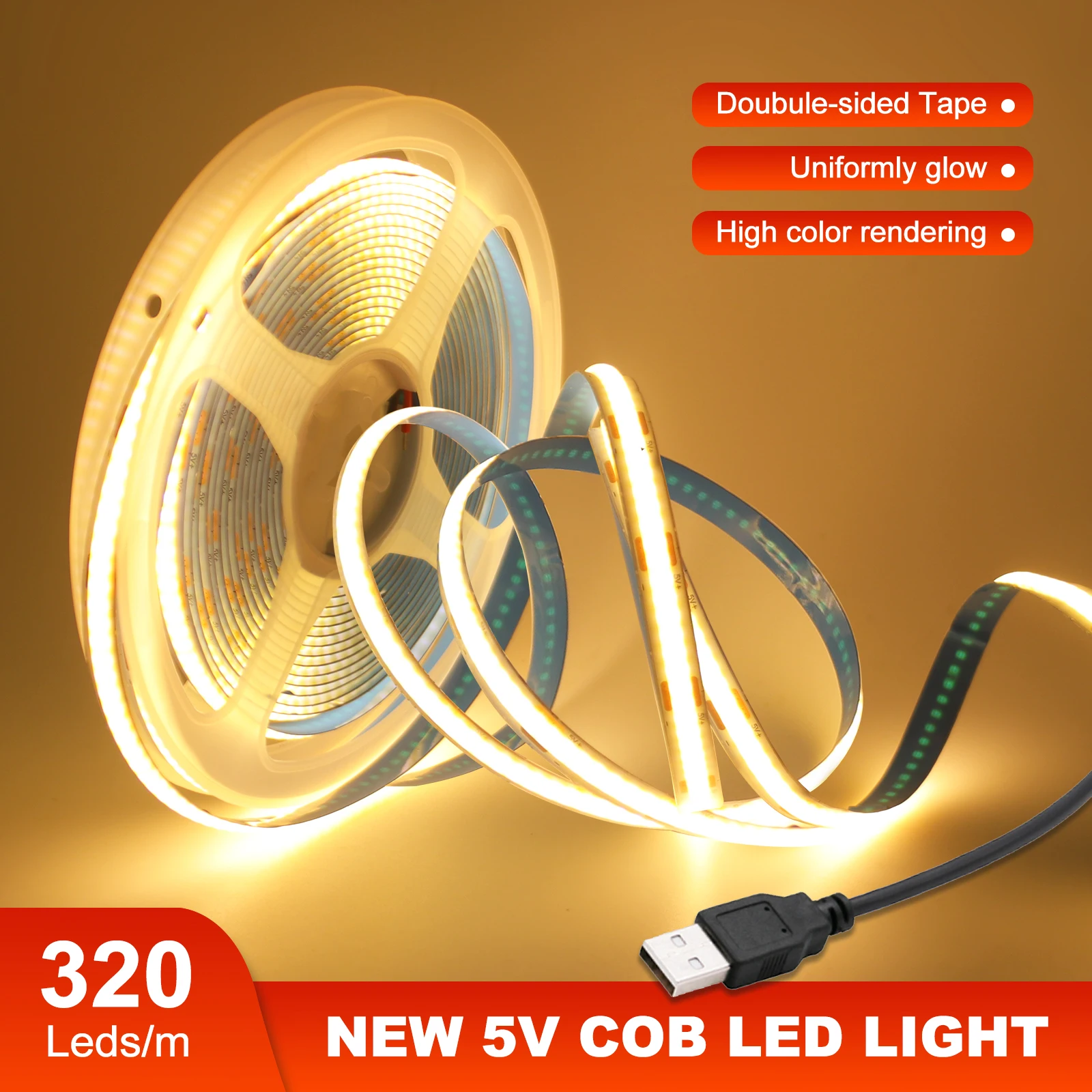 DC 5V USB COB Led Strip 320Led/M Larghezza 8MM Nastro flessibile Lampada da notte TV Retroilluminazione Strisce luminose per la decorazione della camera da letto Illuminazione domestica