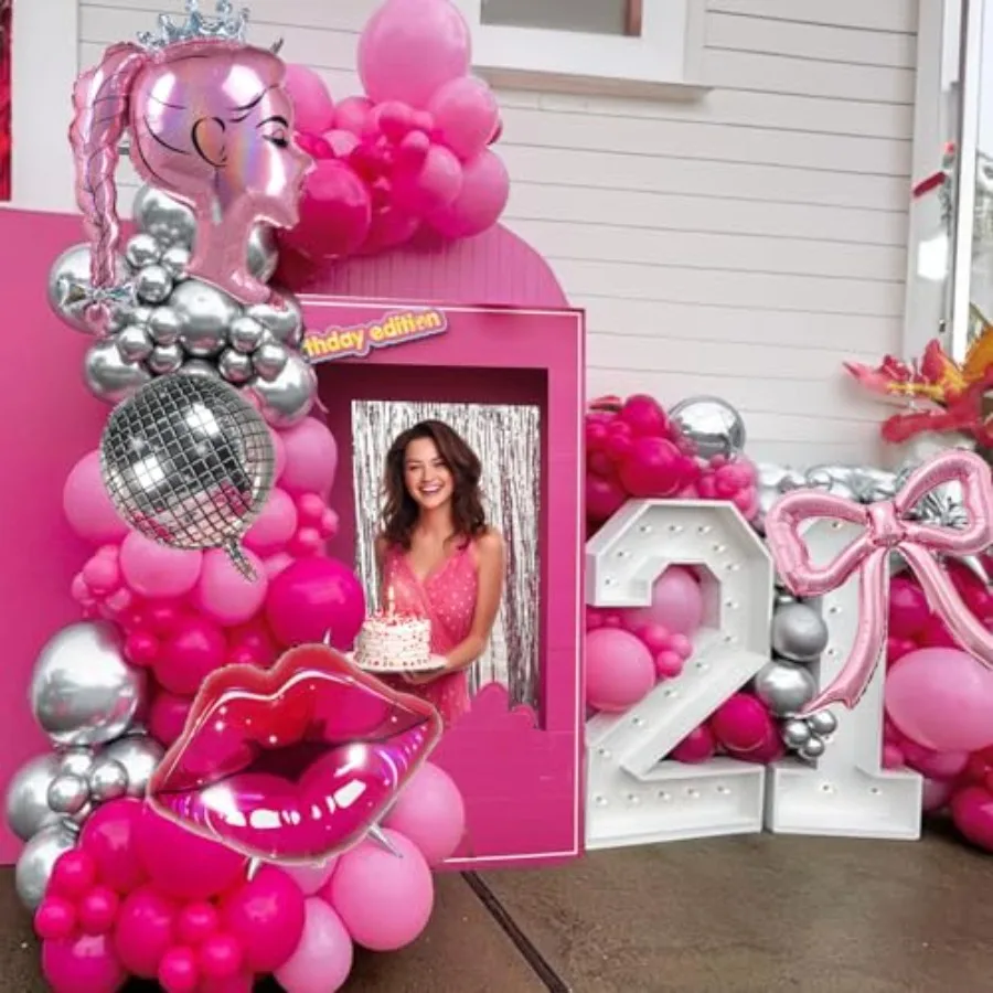 핫핑크와 실버 풍선 가랜드 키트 120개 핑크 크라운 인형 풍선 세트 공주 카우걸 디스코 테마 소녀 여성용