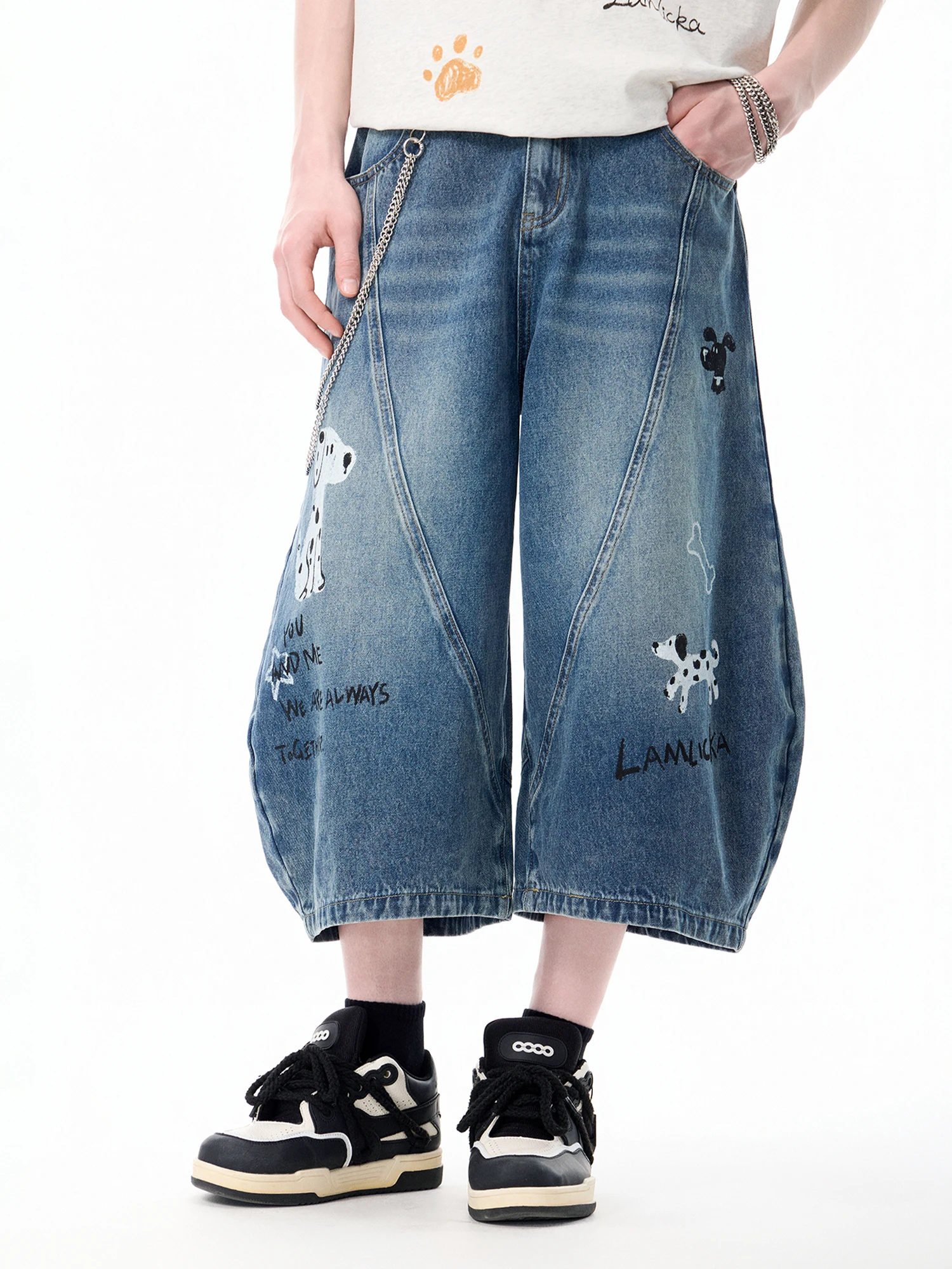 LAMLICKA Shorts Jeans Casuais de Verão Unissex com Perna Larga, Caimento Solto, Efeito Lavado e Estampa Animal Moderna