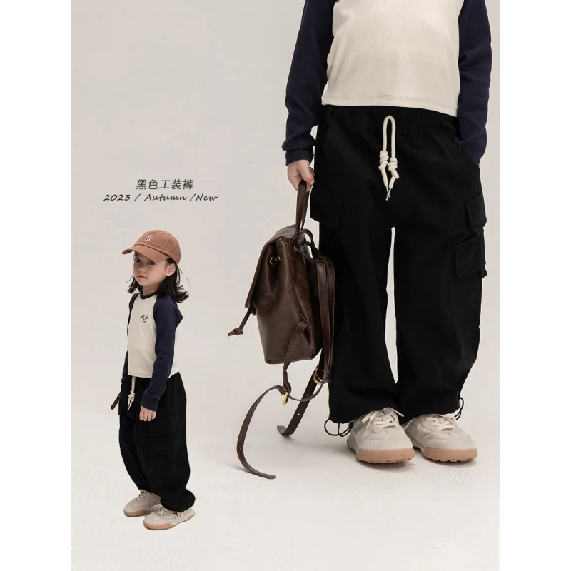 Crawler Boys and Girls Casual High Waist Tooling Pants Ankle Banded Pants Medium and Large Children Handsome Big Pocket All-Matc