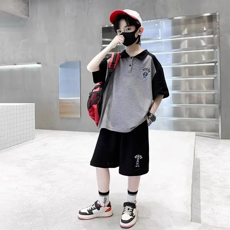 New Summer Boys Sets Korean High Street Fashion Kids lapel T-shirt Shorts 2 Piece Set High Quality Children's Sports Suits 2024