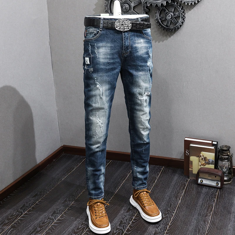 

JXN833 Simple high-end blue broken hole washed white embroidery stretch jeans men tide Slim thin