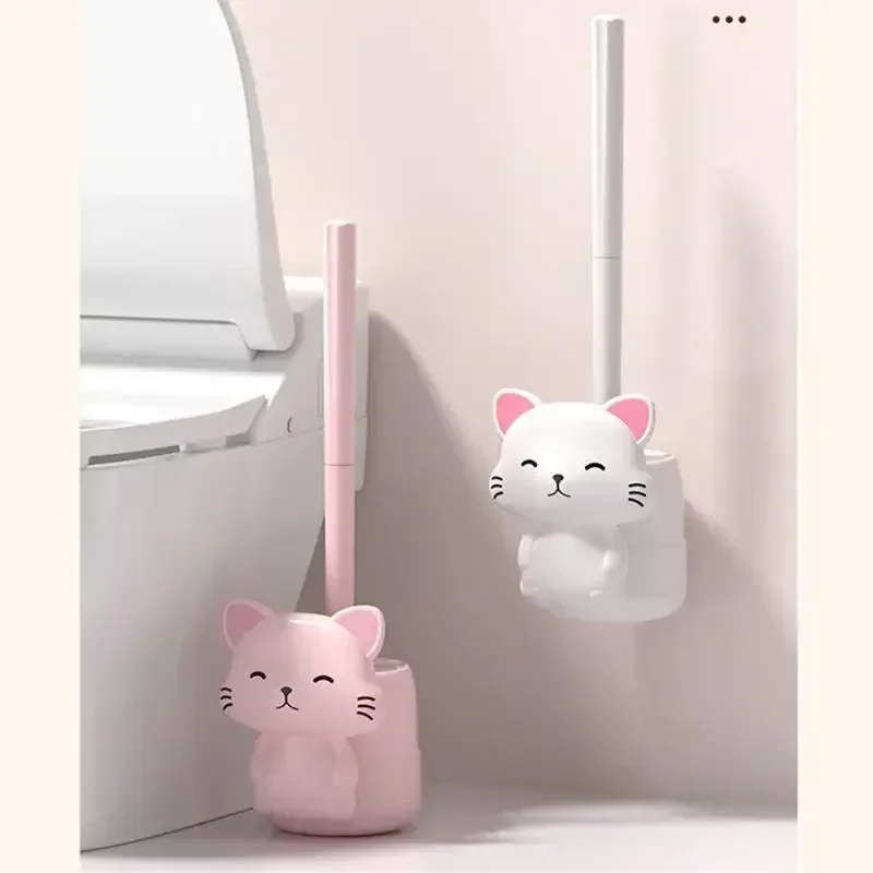 No Dead Angle Sanitary Brush Cute Cat Base Long Handle Squat Pit Cleaning Washing Toilet Artifact Toilet Brush Set Wall-mounted