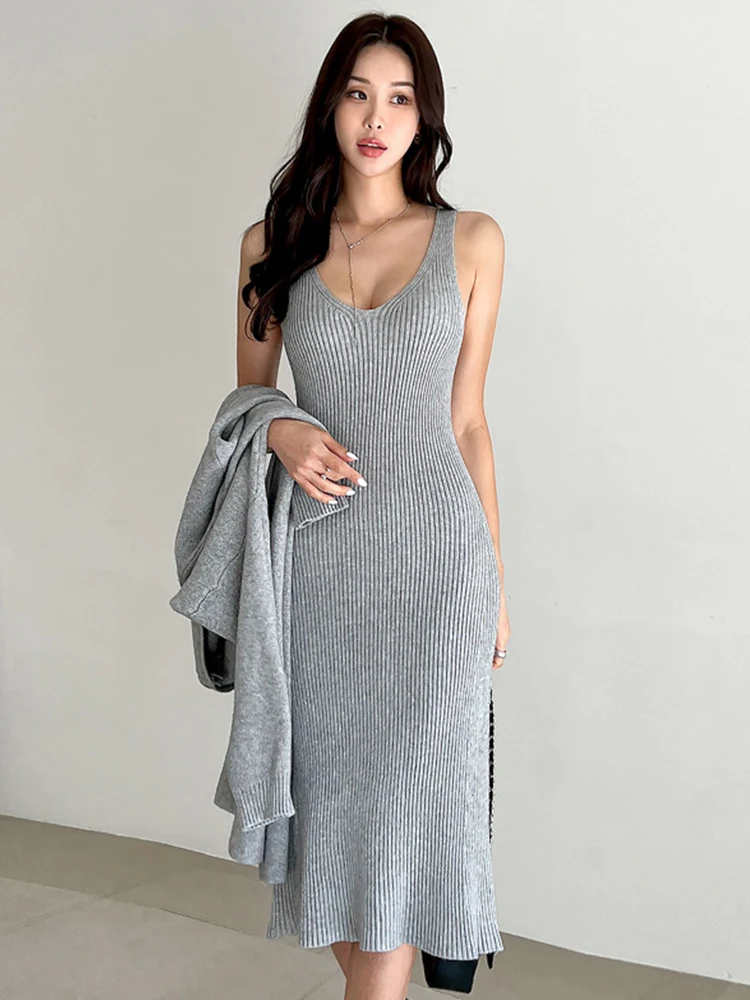 New Knit Sweater 2 Pieces Outfit Women Mujer Simple Cardigan Loose Long Coat Tops And Sleeveless Dress Ladies Set Street Clothes