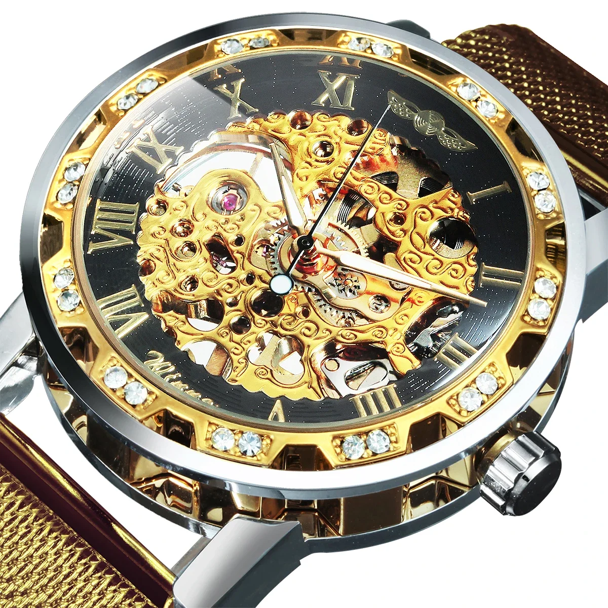 

WINNER Roman Mechanical Watches for Men Fashion Gold Skeleton Mens Watch Luxury Mesh Stainless Steel Strap Luminous Unisex Clock