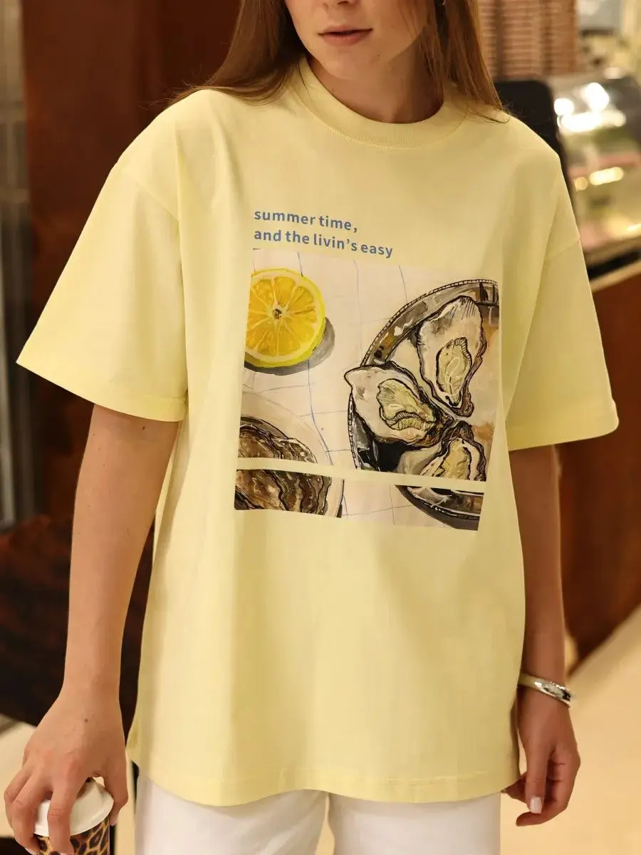 Summer New 100% Cotton European and American Leisure Ocean Style Trendy Retro Age Reducing Fun Cute Women's Short Sleeves