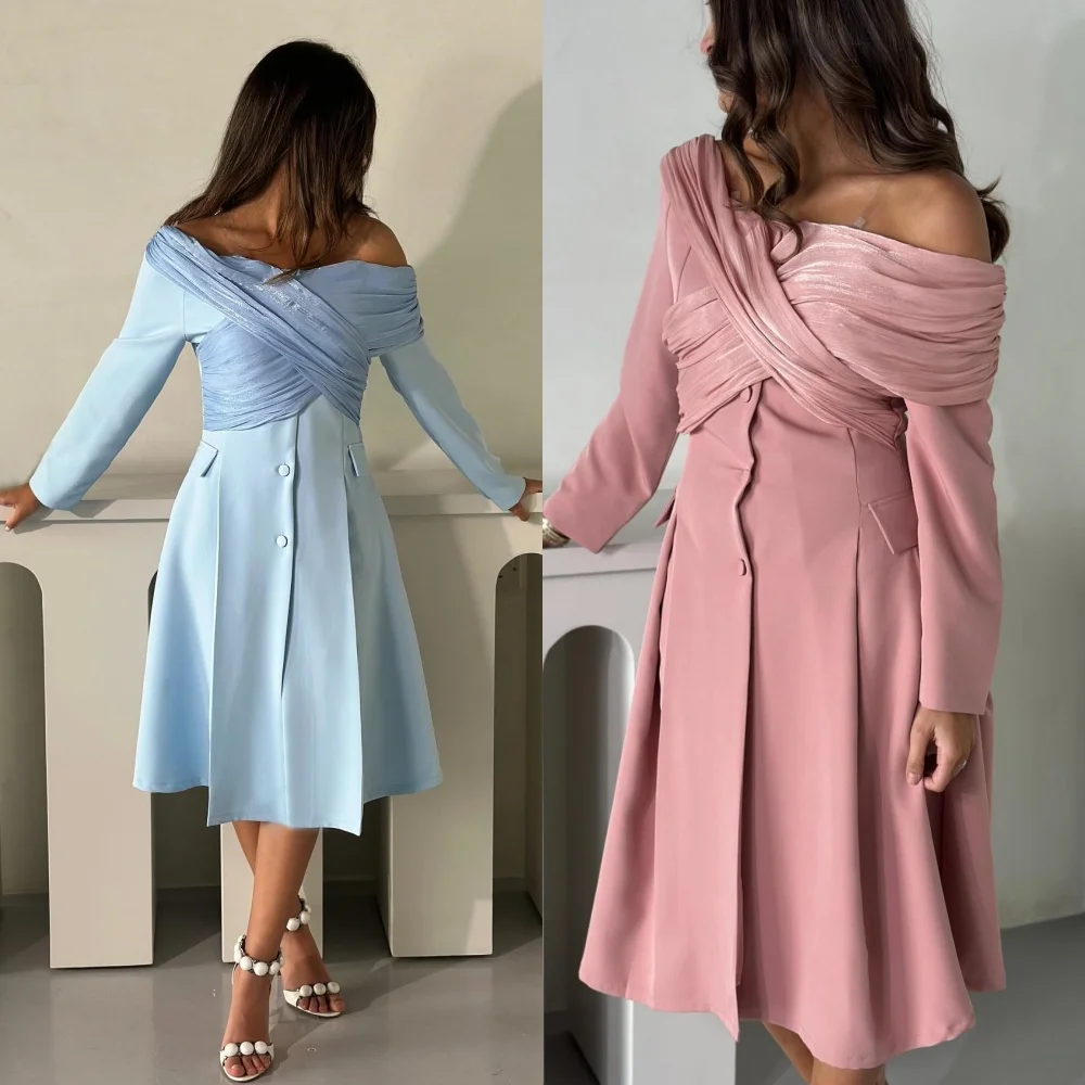 

Customized Jersey Draped Pleat Criss-Cross Beach A-line Off-the-shoulder Bespoke Occasion Gown Midi Dresses