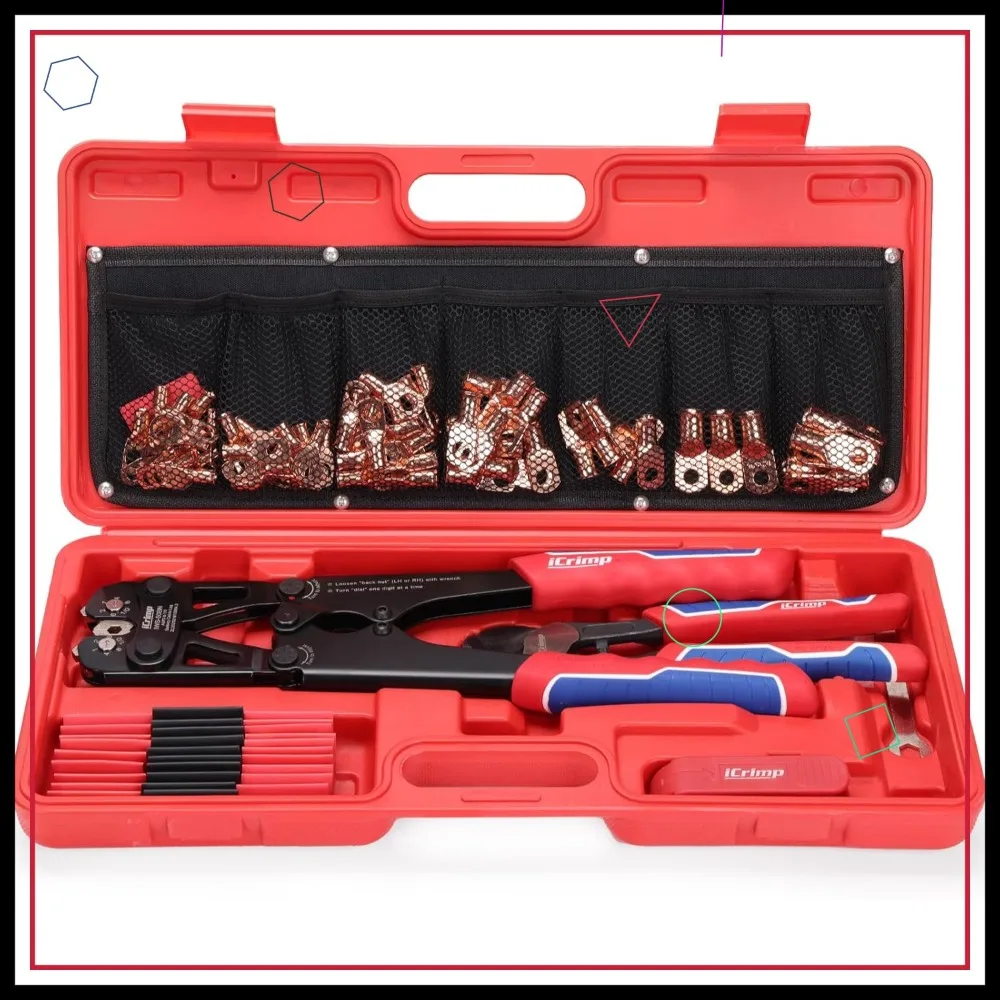 

Battery Cable Lug Crimping Tool Kit for 8-1/0 AWG - 63pcs Copper Lugs & 25pcs Heat Shrink Tubes, Wire Cutter & Stripper