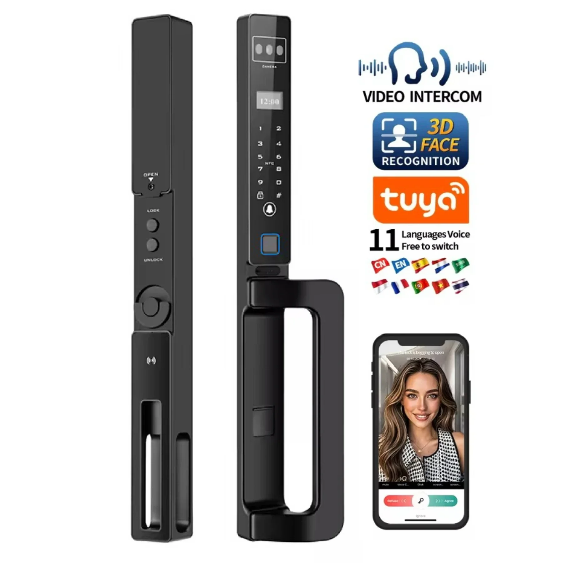 Outdoor Waterproof Face Fingerprint Aluminum Glass Smart Lock Visual Intercom Tuya Wifi App Digital Lock Nfc Key Card Door Lock