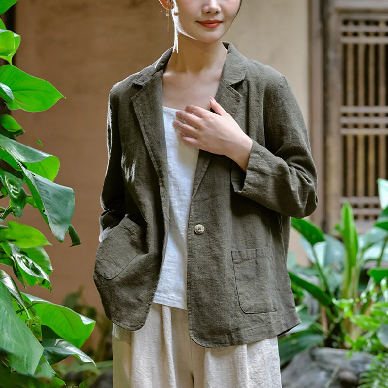 New Arrival Spring/summer Women Loose Single Breasted Notched Collar Blazers Casual Long Sleeve Vintage Cotton Linen Coats Y127