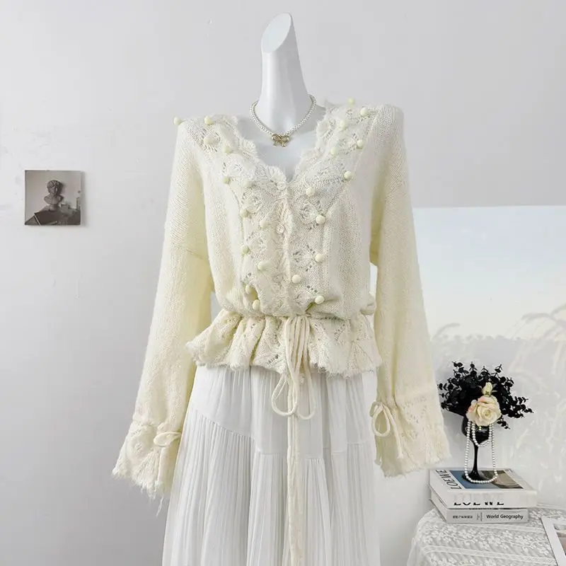 

Autumn Knitted Sweater Women Casual Y2k Korean Fashion Loose Cardigan 2000s American Vintage Clothing French Elegant Tops
