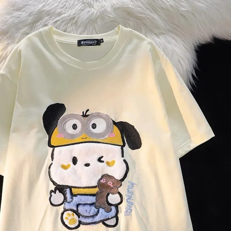 Bonito dos desenhos animados Anime T-shirt, Sanrio Pochacco, Verão Casual Nicho Top, puro algodão, roupas da moda, estilo americano, novo