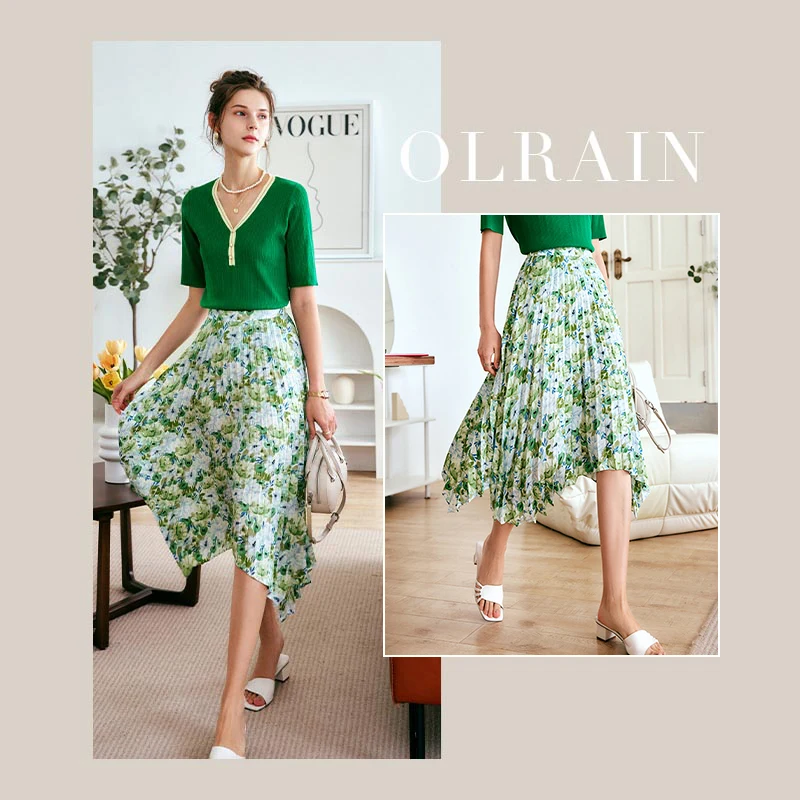 OLrain Women French Elegant Floral Printed Skirt 2026 Premium Style Autumn Ladies Irregular A-line Pleated Midi Skirt O22XB62022