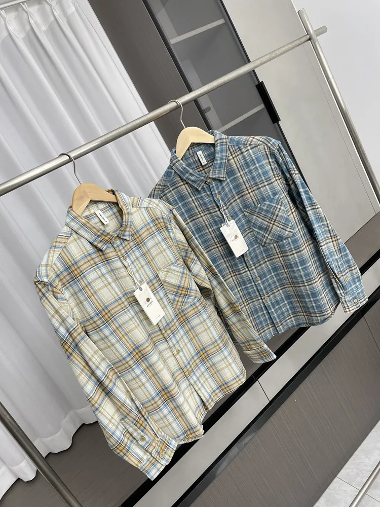 Washed Casual Long Sleeve Shirt Men's Autumn Breathable Plaid Design Color Block Standard Fit Comfortable Loose Shirt