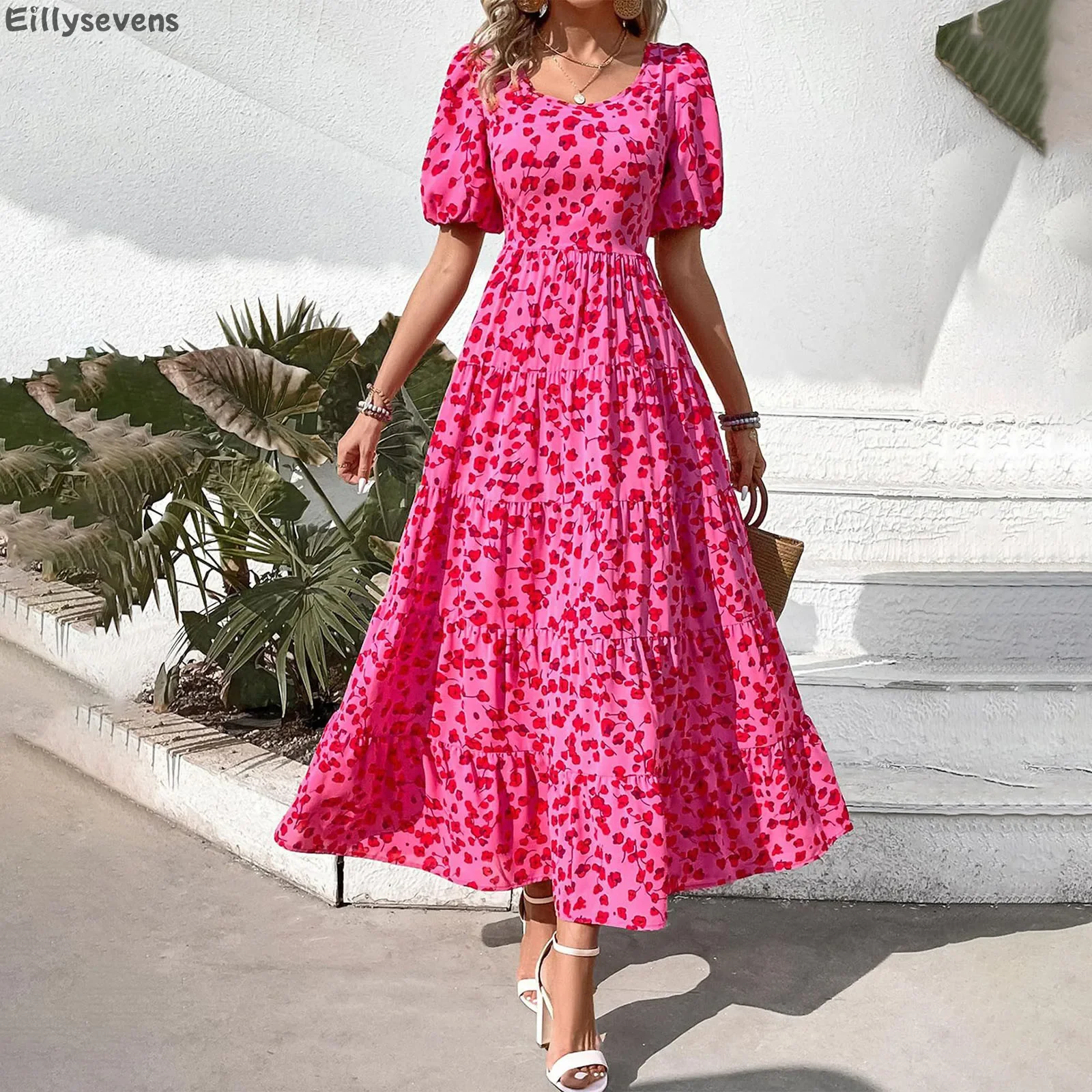 Vestidos para mulheres casual verão traf puff manga floral maxi vestido reunido aberto volta fluindo em camadas praia boêmio saias longas