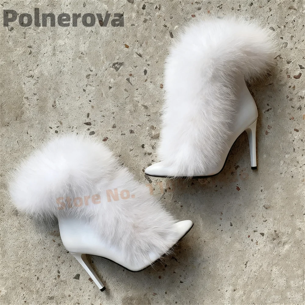 

Beige White Furry Boots for Women Sexy Leather Ankle Boots Pointy Toe High Heels Luxury Party Dress Plush Fur Winter Warm Shoes
