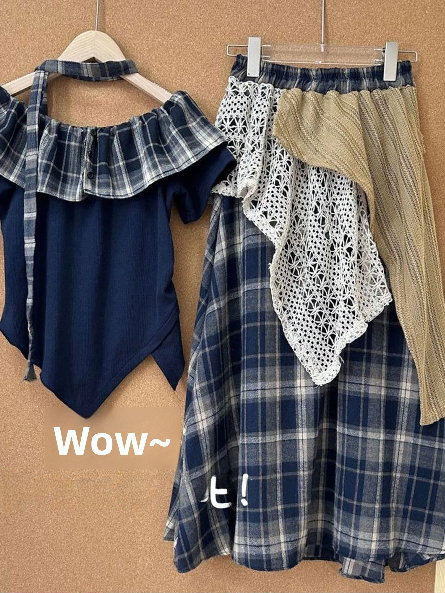 Retro Bohemian Plaid Short Sleeve Lace Halter Neck Two-Piece Set Women's Summer 2026 Casual Style Breathable Comfortable