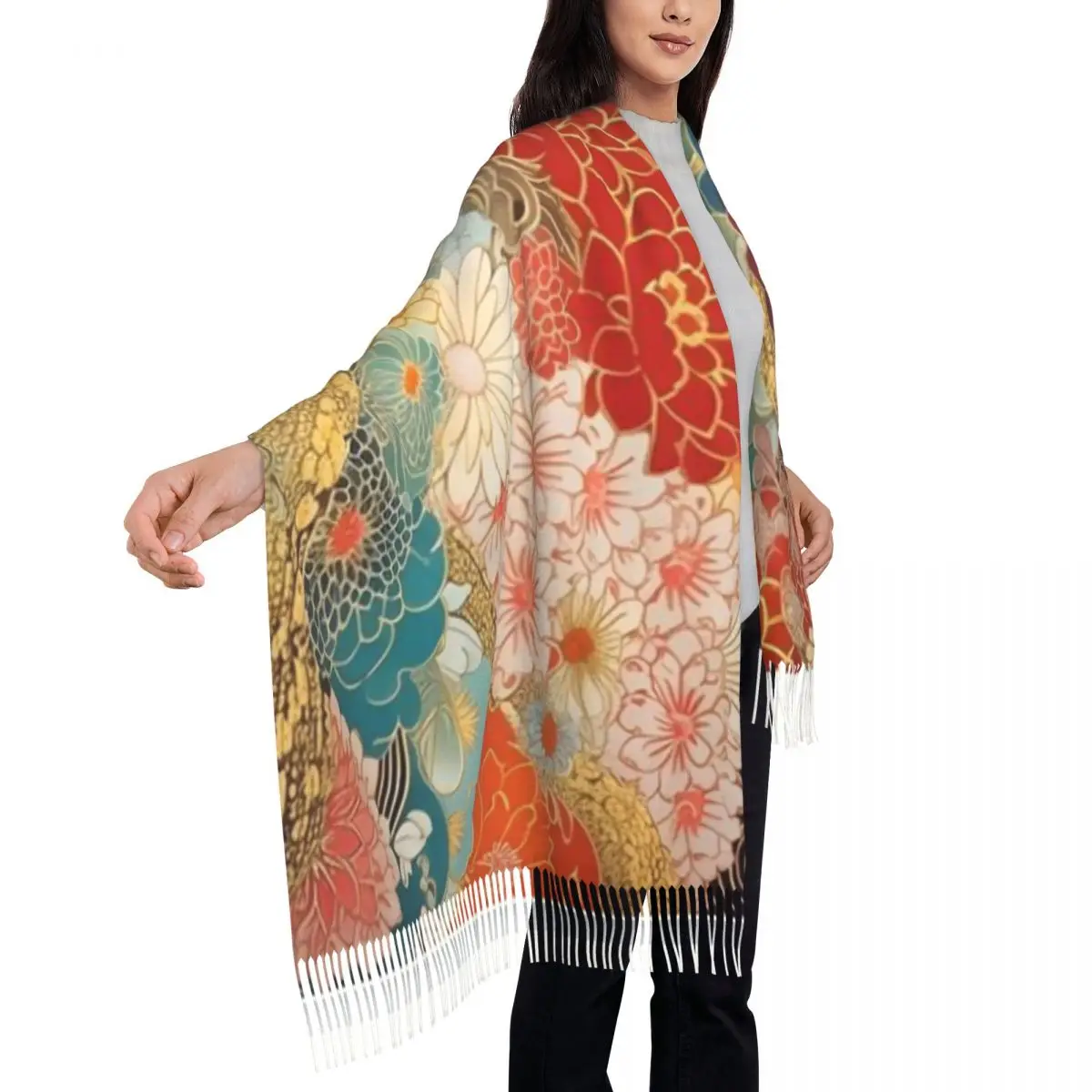 Japanese Komono Fabric Print Shawl A Tassel Scarf