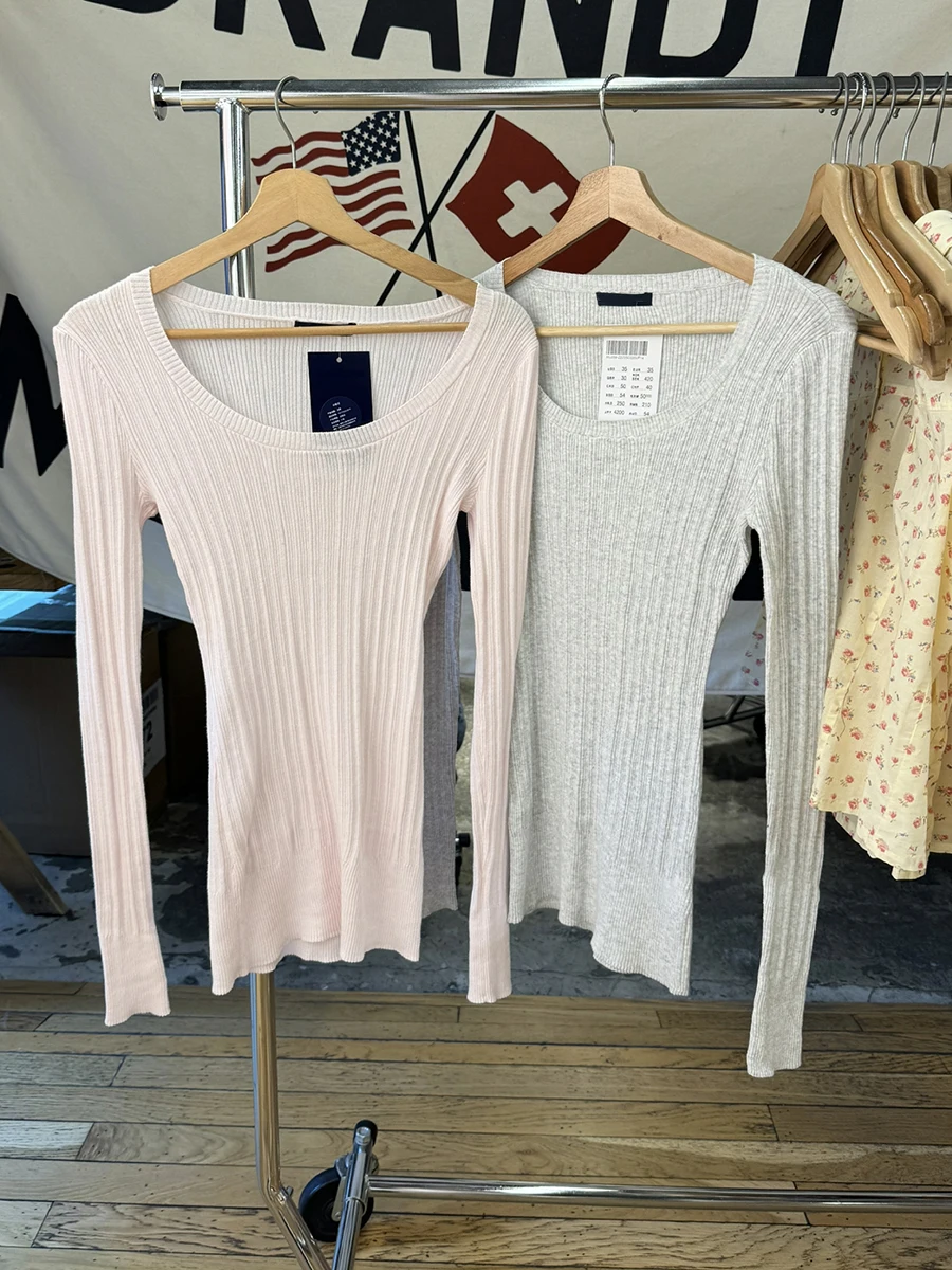 

Pit Striped Knitted Pink Slim Long T-shirt Women New Ribbed U Collar Long Sleeve Pullover Top Streetwear Simple Sweet Tees Tops