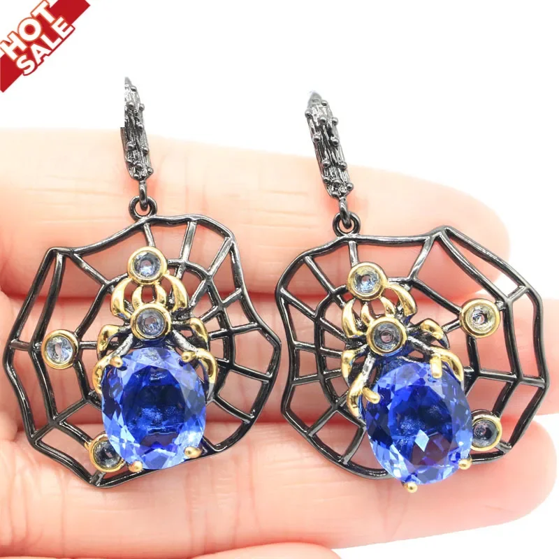 47x33mm Unique Handmade 13.5g Pendant Spider  Violet Tanzanite Black Gold Silver Earrings Jewelry Set