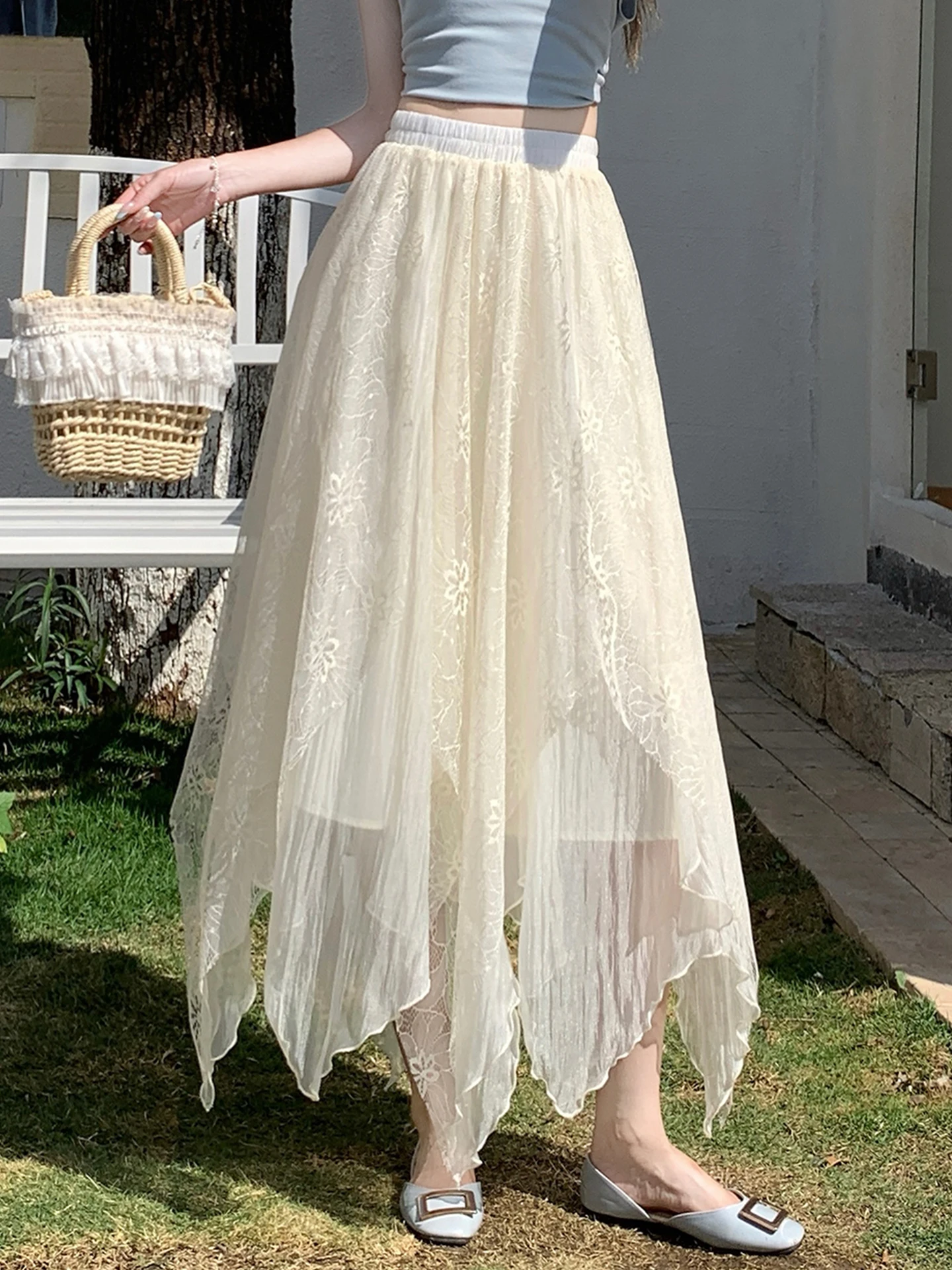 

Новая летняя женская юбка-полусолнце с пышными кружевными вставками и сеткой, с большим оборком, в корейском стиле, с завышенной талией, из полиэстера.