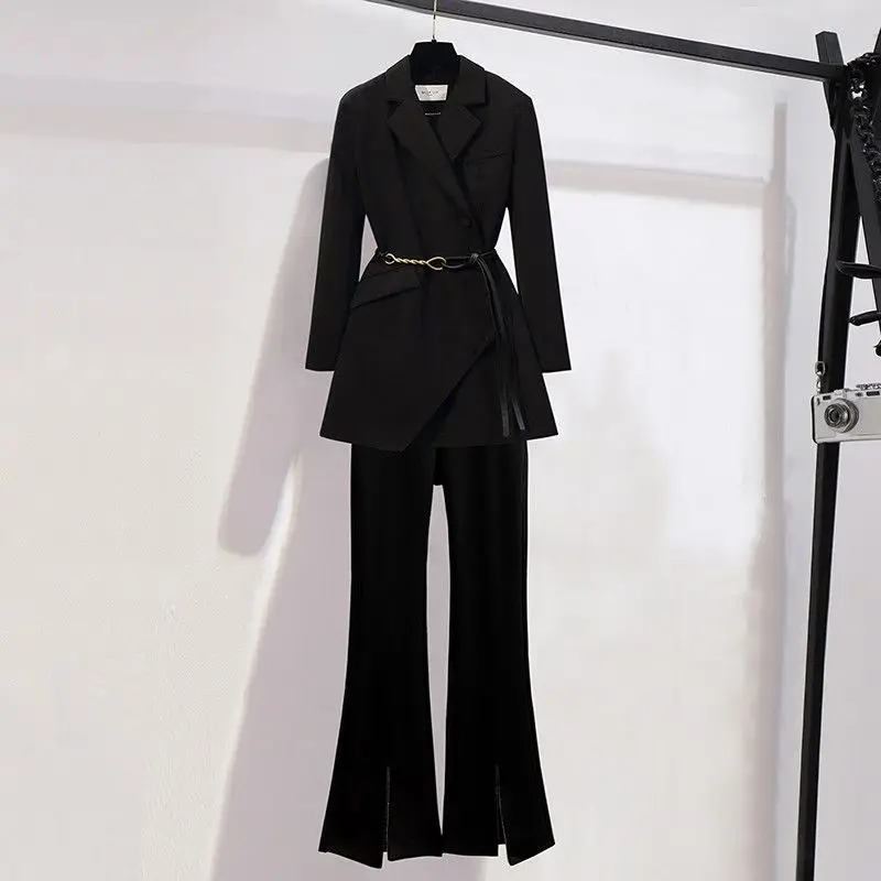 Belt Decoration Asymmetric Slim Jacket Blazer Casual Flared Pants Two-piece Elegant Women Pants Suit Office Manager Outfits