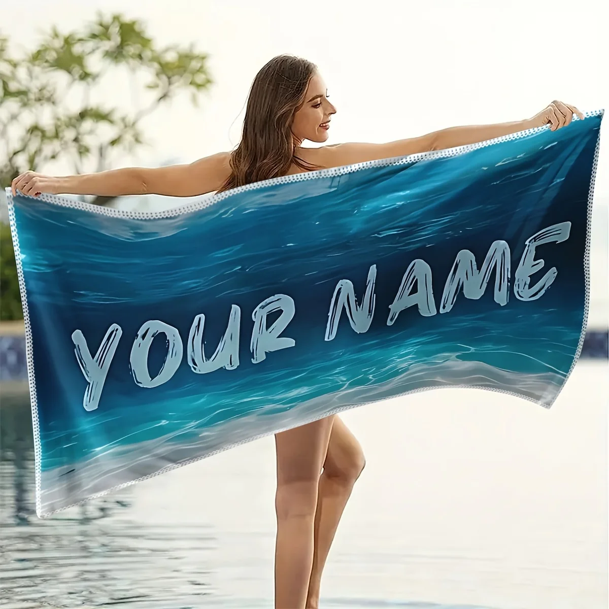 Customize 1pc Ocean Wave Pattern Custom Name Beach Towel, Quick-Drying, Suitable for Beach, Swimming, Surfing, Camping—Personali