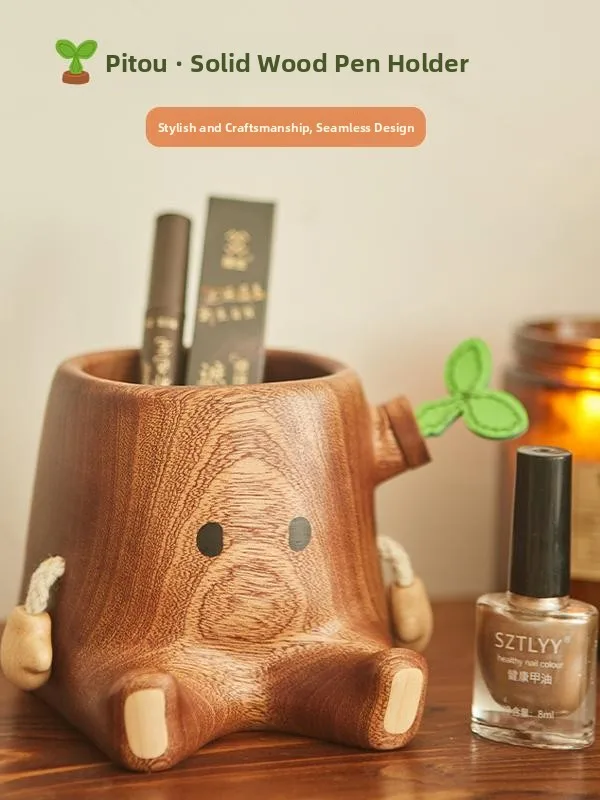 Creative Wooden Pen Holder Cute Decoration Office Desktop Essential Cosmetic Storage Gift Idea Wooden Storage Box