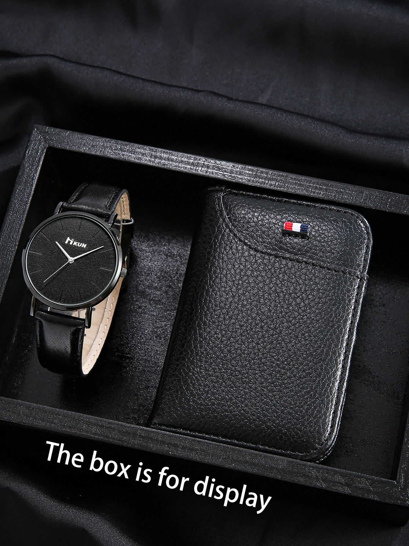 Montre à quartz simple, grand cadran rétro de haute qualité, classique, portefeuille en cuir noir, 2 pièces