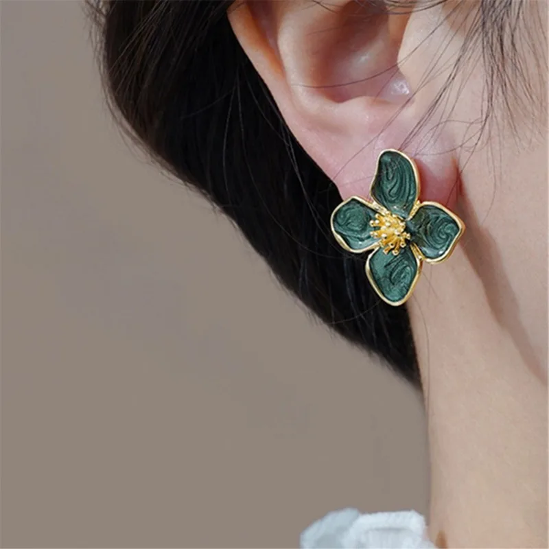 Hibiscus Dropped Glaze Flower Stud Earrings for Women Girl French Ins Vintage 2023 Fashion Korean Wedding Romantic Jewelry Gifts