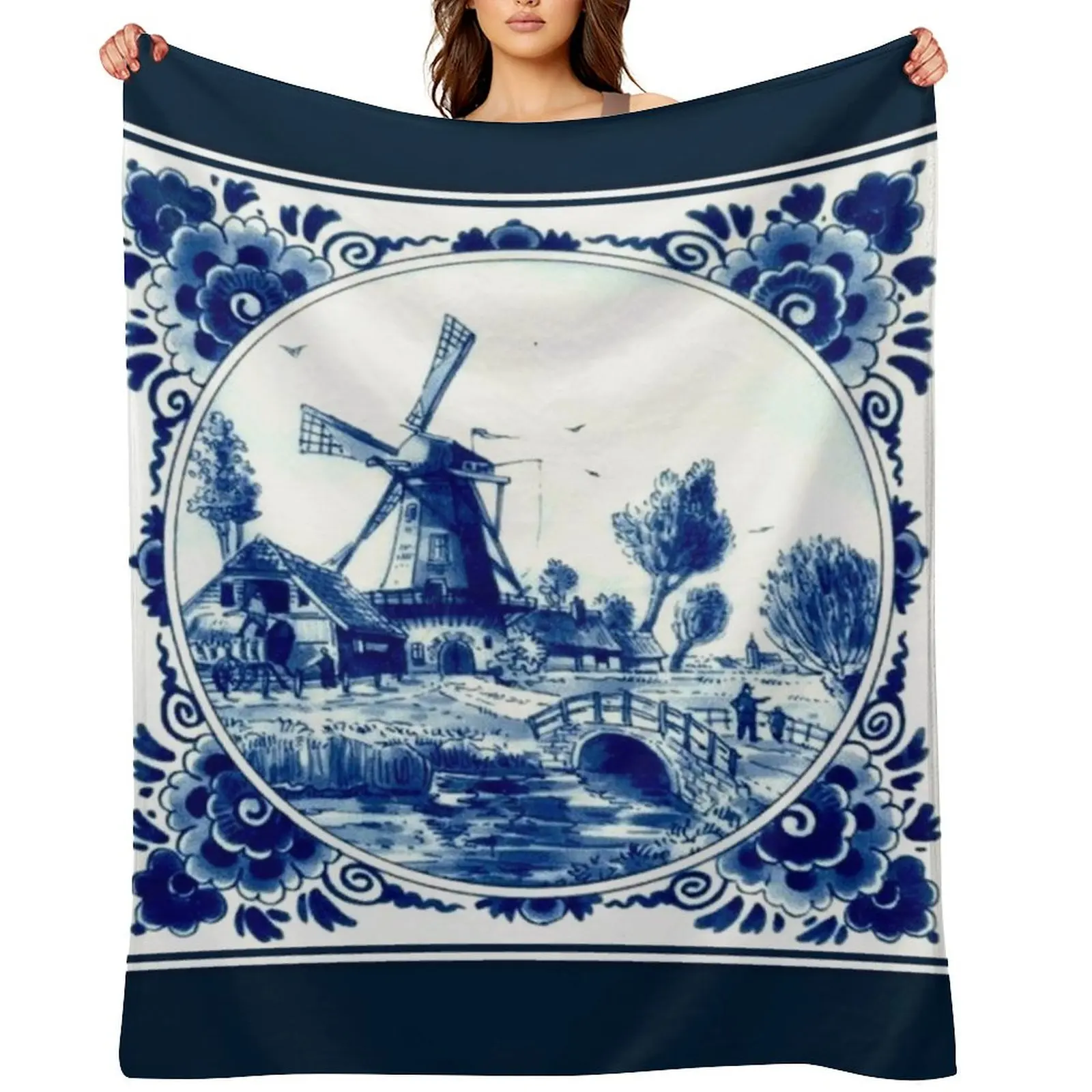 

DUTCH BLUE DELFT : Vintage Windmill and Bridge Print Throw Blanket for winter Cute Plaid Loose Beautifuls Blankets