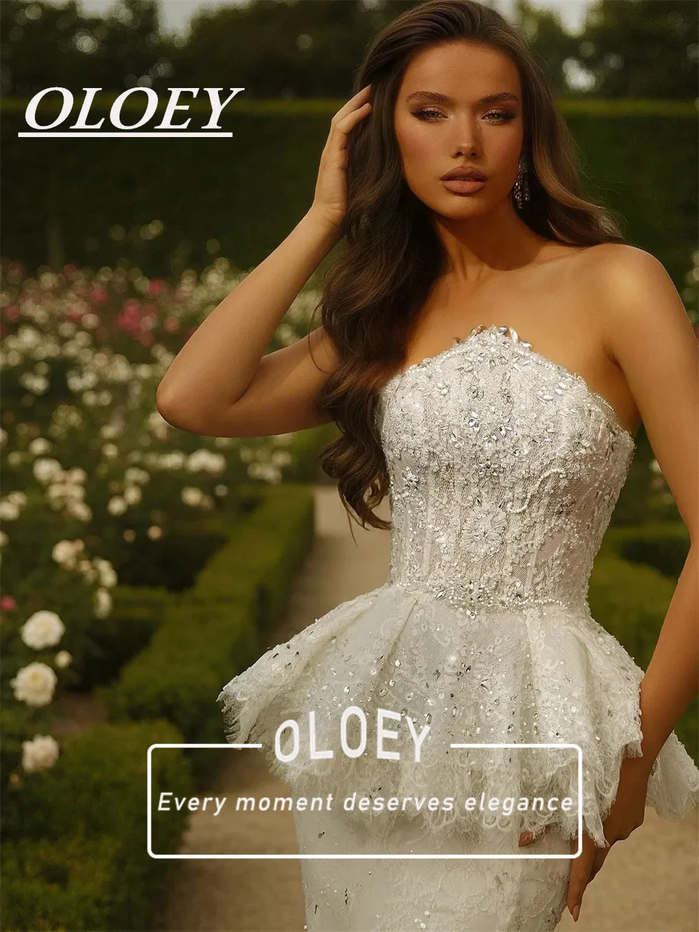 OLOEY Luxury Lace Mermaid Wedding Dresses Beaded Crystals Strapless Bridal Gown Customized Sweep Tail Vestidos De Novia