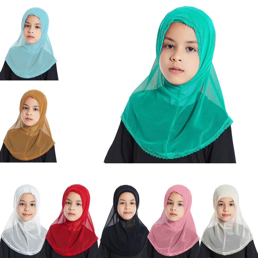 

2-6Y One Piece Lace Amira Hijab Muslim Kids Girls Scarf Headscarf Sahwl Wrap Islamic Prayer Cap Hat Arab Head Cover Headwear Cap