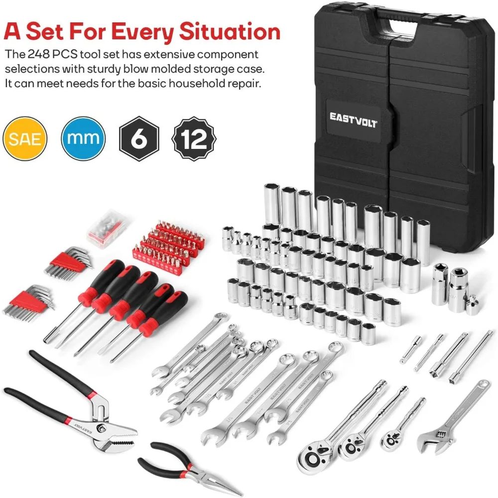 248 Pieces Mechanics Tool Set, General Purpose Mixed Sockets and Wrenches, Hand Tool Set Auto Repair Tool Kit