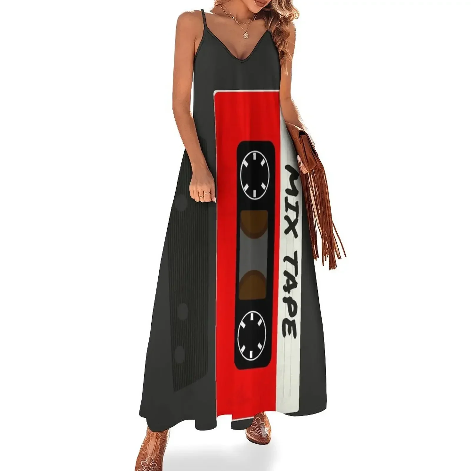 Red Mix Tape Sleeveless Dress prom dress evening dress ladies