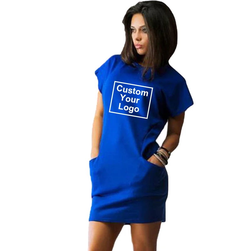 Customized logo women\'s summer casual short sleeved T-shirt dress, solid color loose fit cotton linen slim fit beach party dress