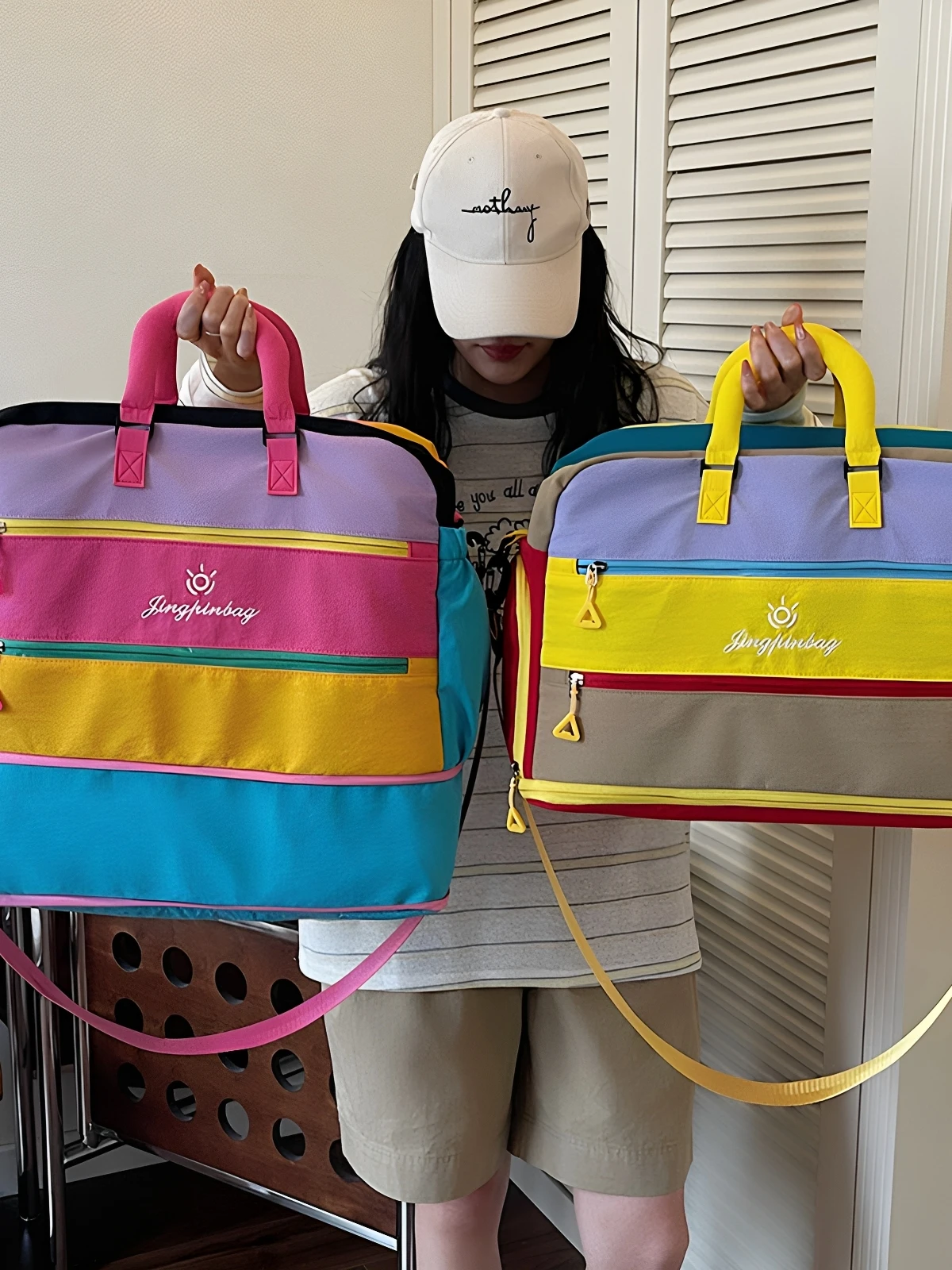 dopamine-color-block-travel-bag-women's-handbag-fashionable-lightweight-large-capacity-sports-fitness-bag-easy-storage-luggag