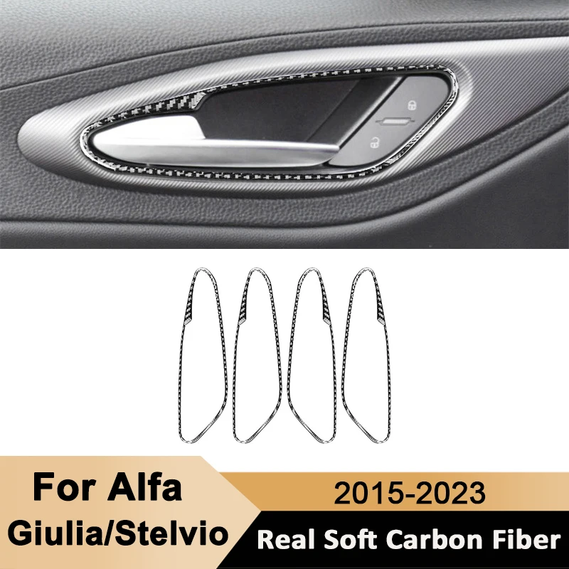 4PCS Carbon Fiber Car Door Inner Handle Panel Trim Frame Interior Sticker For Alfa Romeo Giulia Stelvio 2015-2023